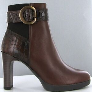 Geox Brown Leather & Croc-Embossed Ankle Boot with Buckle